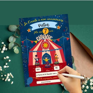 Uitnodigingskaart voor een kinderverjaardag, die u kunt downloaden, afdrukken en zelf kunt invullen. Verjaardag met circusthema. Uitnodiging in het Frans