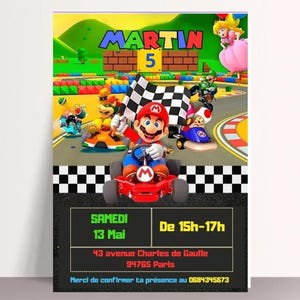 Carte d'invitation anniversaire Mario Bros à personnaliser. Anniversaire enfant fille ou garçon. Invitation Mario. Faire part Mario