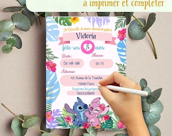 Tarjeta de invitación de Stitch y Angel para descargar, imprimir y rellenar tú mismo con un bolígrafo. Anuncio de Stitch para cumpleaños infantiles.