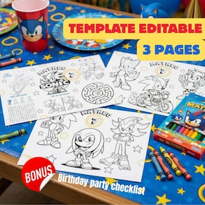 May include: A party supplies set featuring Sonic the Hedgehog. Includes coloring pages, crayons, a cup, and a plate. The coloring pages have mazes and character illustrations. Text on the pages reads "TEMPLATE EDITABLE 3 PAGES" and "Birthday party checklist".