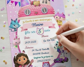 Carte d'invitation anniversaire Gabby chat à télécharger, imprimer et à remplir. Faire part Gabby et la maison magique pour fête fille