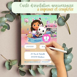 Carte d'invitation anniversaire Gabby chat à télécharger et imprimer. Anniversaire enfant fille . Invitation  en français.
