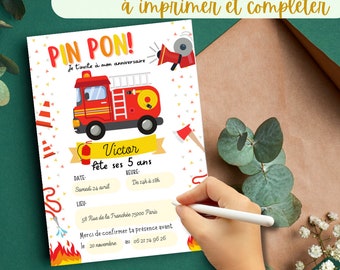 Carte d'invitation anniversaire enfant à télécharger, imprimer et remplir. Invitation camion de pompier. Invitation en français.