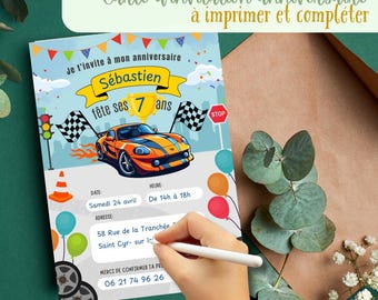 Convite de aniversário de carro de corrida para baixar, imprimir e preencher. Anúncio de aniversário de carro de corrida personalizado