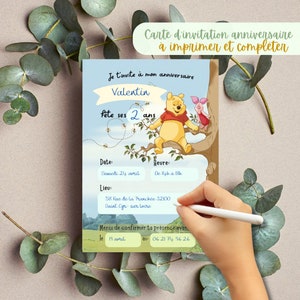 Carte d'invitation winnie L'ourson pour anniversaire enfant à télécharger et à remplir par vos soins avec un stylo.  Invitation en francais