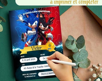 Carte d'invitation Sonic, invitation d'anniversaire enfant à télécharger,carte à imprimer et à remplir par vos soins. Invitation en français