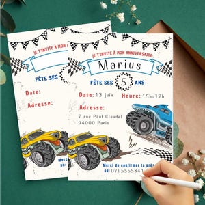 Carte d'invitation camion monstre anniversaire enfant à télécharger, imprimer et remplir. Faire part camion. Invitation voiture en français.