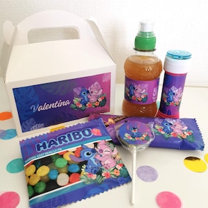 Box d'anniversaire stitch et angel à personnaliser. Confiseries personnalisables. Sucreries à personnaliser. Cadeau pour les invités