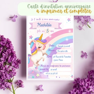 Carte d'invitation anniversaire enfant à télécharger et imprimer licorne. Invitation en français. Invitation fille. Anniversaire licorne