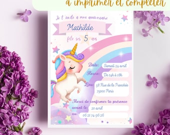 Cartão de convite de aniversário infantil para baixar e imprimir unicórnio. Convite em francês. Convite de menina. Aniversário do unicórnio