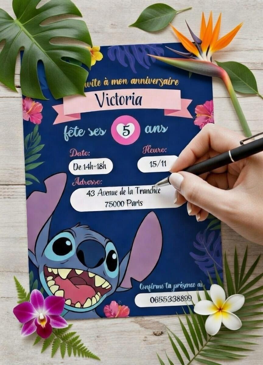 6 cartes d'invitation en carton avec enveloppes FSC® - 18 x 11 cm - Stitch™ - Jour de Fête - Stitch - Top Licences
