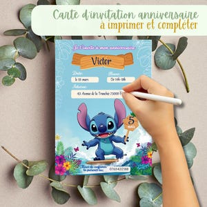 Carte d'invitation anniversaire Stitch à télécharger, imprimer et à remplir par vos soins . Faire part Stitch pour Anniversaire enfant