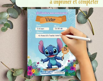 Carte d'invitation anniversaire Stitch à télécharger, imprimer et à remplir par vos soins . Faire part Stitch pour Anniversaire enfant