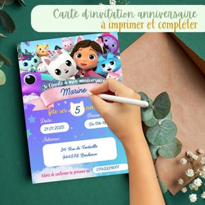 Carte d'invitation anniversaire Gabby chat à télécharger et imprimer. Anniversaire enfant fille . Invitation en français.