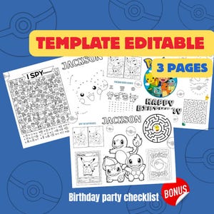 Pokémon Birthday Coloring Pages - 3 Printable Pokemon Party Activity Sheets - Digital Download PDF - Pikachu kids birthday coloring pages
