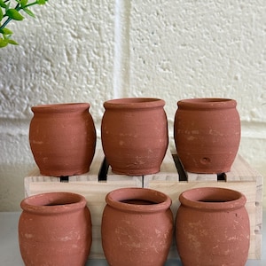 May include: Six terracotta pots, arranged in two rows of three, on a wooden surface. The pots are small and round, with a slightly flared lip. They are a reddish-brown color and have a rustic, handmade appearance.