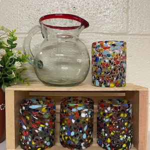 Mexican Hand Blown Glass Pitcher  Cup Set