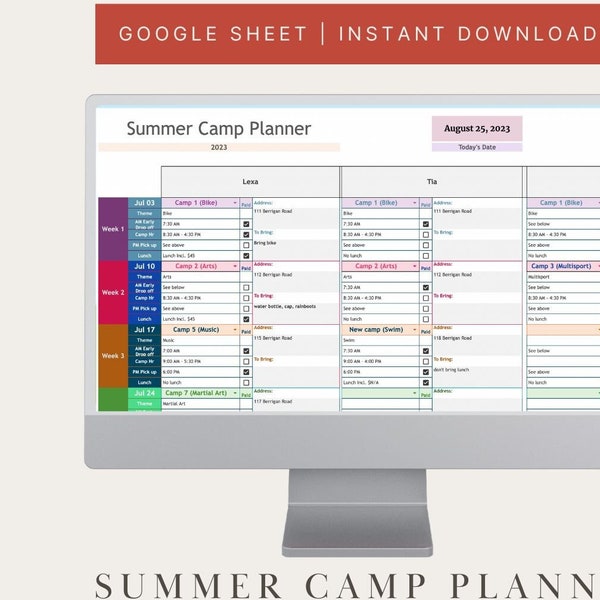 Summer Camp Planner | Googlesheet Planner for busy mom, Interactive calendar, Summer school planner and expense tracker