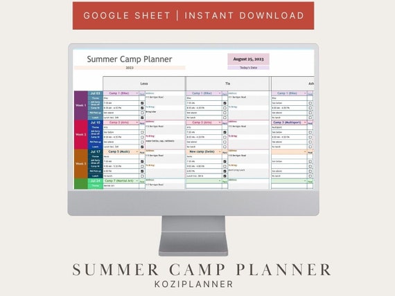 Summer Camp Planner | Googlesheet Planner for busy mom, Interactive calendar, Summer school planner and expense tracker