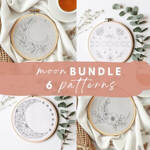 May include: A set of six embroidery patterns featuring different moon designs. The patterns include a crescent moon with flowers, a crescent moon with stars, a crescent moon with leaves, a full moon with stars, a full moon with leaves, and a full moon with flowers. The patterns are printed on white paper and are ready to be stitched.