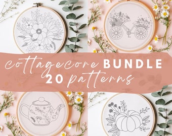 Cottagecore Embroidery Pattern Bundle: 20 Beginner PDF Designs (4-9 inch)