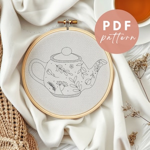 Floral Teapot - Embroidery PDF Pattern for Beginners - Instant Download Embroidery Design