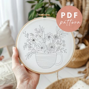 Teacup Flowers - Embroidery PDF Pattern for Beginners - Instant Download Embroidery Design