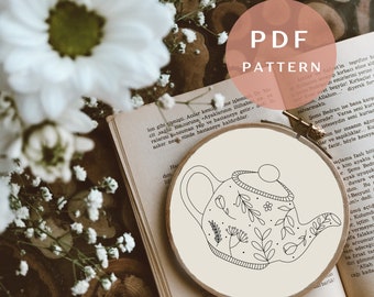 Floral Teapot - Embroidery PDF Pattern for Beginners - Instant Download Embroidery Design