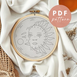 Sun and Moon - Embroidery PDF Pattern for Beginners - Instant Download Embroidery Design