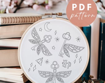 Winged Keys - Embroidery PDF Pattern for Beginners - Instant Download Embroidery Design