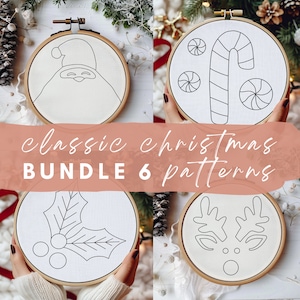 May include: A set of six classic Christmas embroidery patterns. The patterns include Santa Claus, a candy cane, holly, and a reindeer. The patterns are printed on white fabric and are ready to be embroidered.