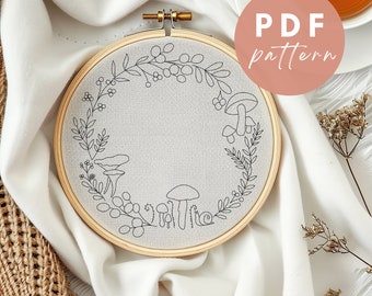 キノコのリース - 初心者向け刺繍 PDF パターン - すぐにダウンロード