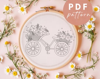 Floral Bicycle - Embroidery PDF Pattern for Beginners - Instant Download Embroidery Design
