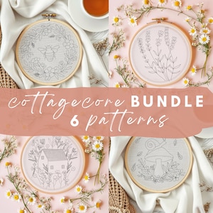 May include: A set of six embroidery patterns featuring cottagecore themes. The patterns include a bee and flowers, lavender, a house with flowers, and a mushroom with a snail. The patterns are displayed in embroidery hoops on a pink background with white flowers.
