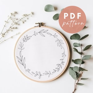Corona floral minimalista, Patrón PDF de bordado para principiantes, Diseño de bordado de descarga instantánea