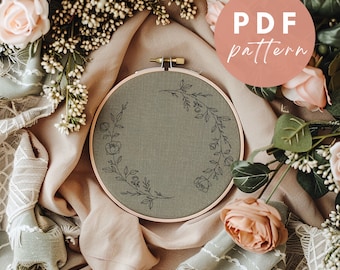 Delicate Wildlfower Wreath - Embroidery PDF Pattern for Beginners - Instant Download Embroidery Design
