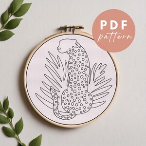 May include: A black and white line drawing of a cheetah sitting in a tropical leaf pattern. The image is in a circular embroidery hoop. The text "PDF pattern" is in the upper right corner of the image.