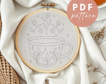 Floral Teacup - Embroidery PDF Pattern for Beginners - Instant Download Embroidery Design