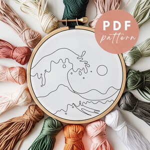 May include: A white embroidery hoop with a black line drawing of a wave and a sun. The hoop is surrounded by a variety of colored embroidery floss.