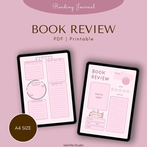 Könnte beinhalten: Zwei digitale Buchbesprechungs-Vorlagen auf Tablets, mit einem rosa und braunen Farbschema. Der Text "BOOK REVIEW" und "PDF | Printable" werden angezeigt. Eine Vorlage enthält Abschnitte für Zitate und gelernte Lektionen. Die andere hat einen Fotobereich und Bewertungssterne.