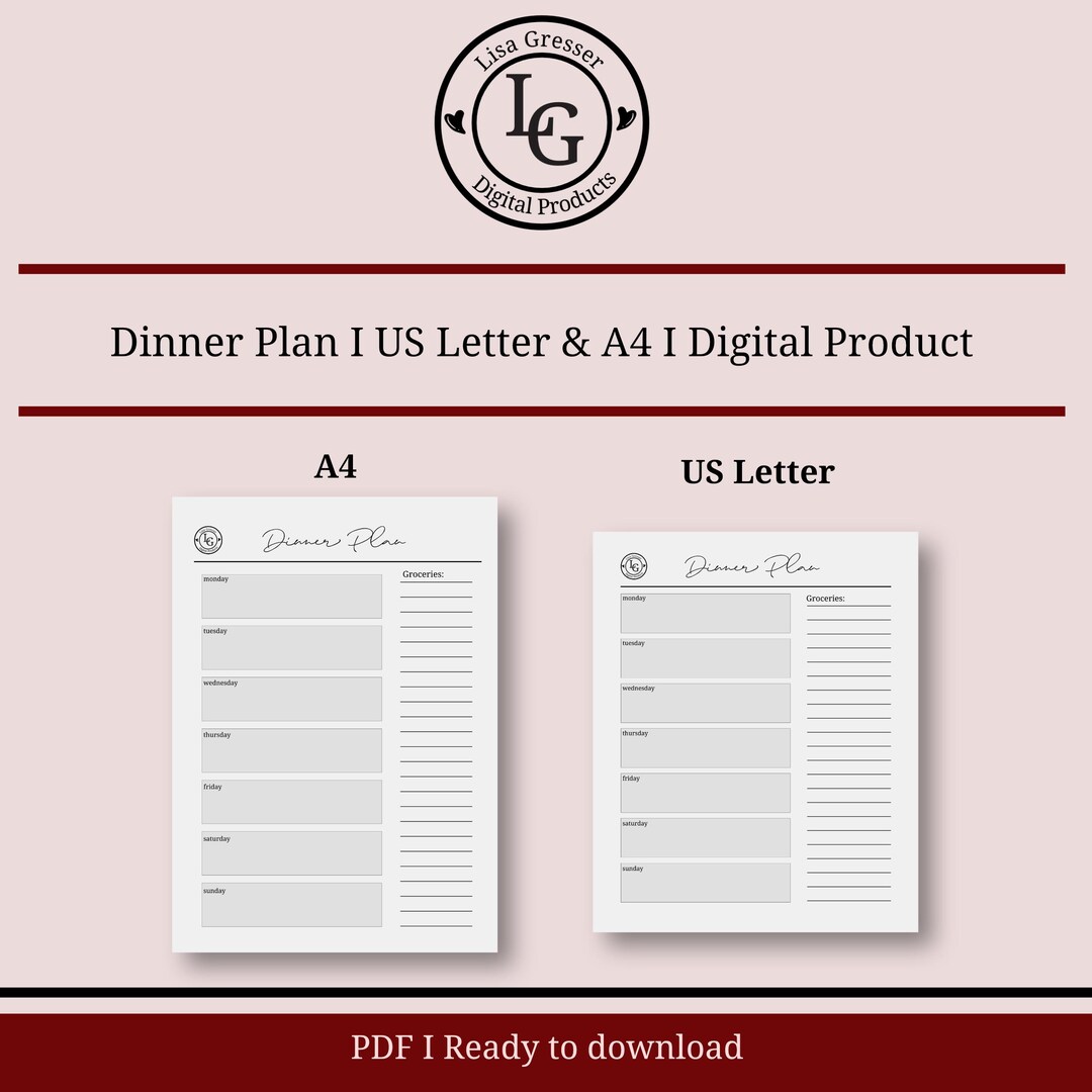 Weekly Dinner Plan I Printable PDF Digital File Instant Download I A4 ...