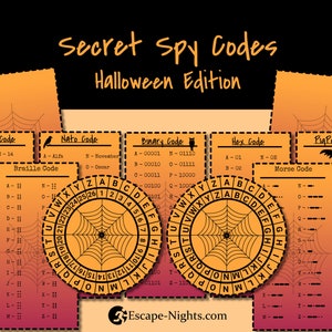 Può includere: Un set di carte di codice spia stampabili a tema Halloween. Le carte presentano diversi codici, tra cui il codice decimale, il codice NATO, il braille, il codice binario, il codice esadecimale, il codice Pigpen e il codice Morse. Ogni carta ha un design a ragnatela e un'immagine a tema Halloween.