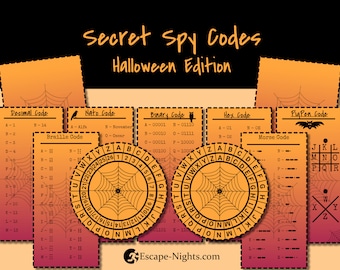 Escape Game Decoder Set, Halloween Edition, DIY Escape Room Secret Codes including 2 Cipher Wheels, and 7 more decoder sheets