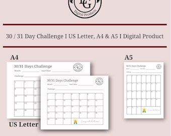 30 / 31 Days Challenge I Monthly Challenge Tracker I New Habit Challenge I Printable PDF Digital File Instant Download I A4, US Letter, A5