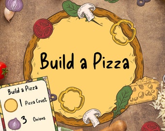 May include: A printable game for building a pizza. The game includes a pizza crust, onions, and olives. The game is a digital download.