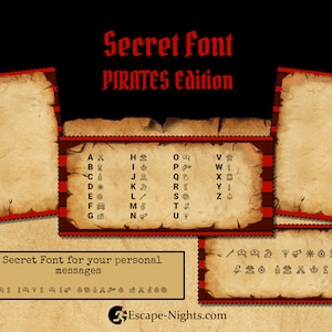 Può includere: Un'immagine in stile vintage con uno sfondo rosso e marrone. L'immagine presenta un font di codice segreto a tema pirata con simboli che rappresentano ogni lettera dell'alfabeto. Il testo "Secret Font Pirates Edition" è visualizzato in rosso nella parte superiore dell'immagine.