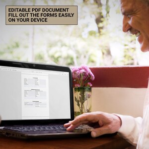 May include: A person using a laptop computer to fill out a form. The laptop screen shows a form with three sections labeled "1. Customer Details", "2. Business Information", and "3. Contact Information". The text "Editable PDF Document Fill Out the Forms Easily On Your Device" is displayed at the top of the image.
