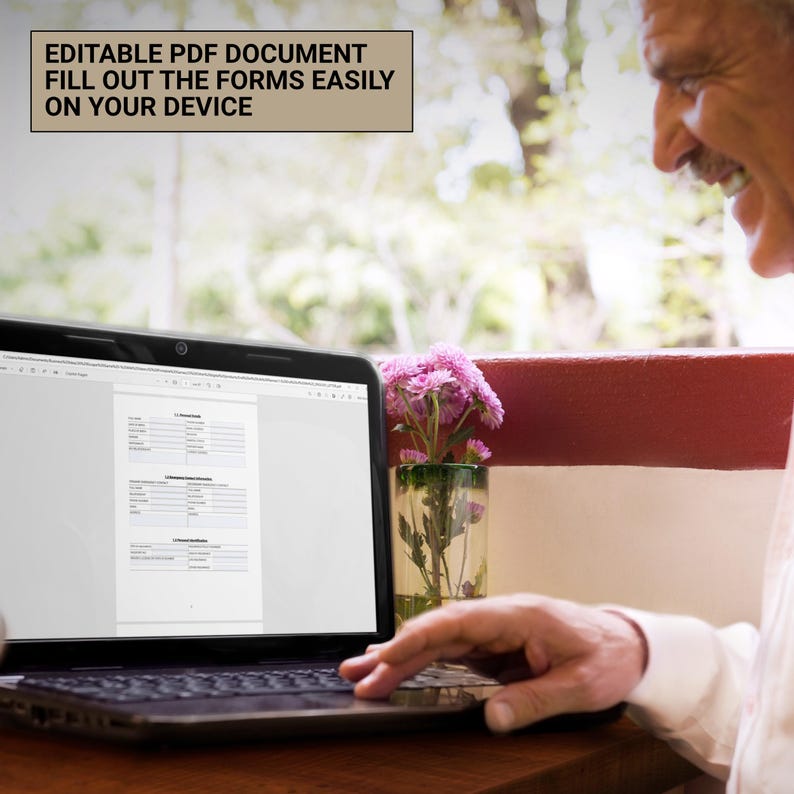 May include: A person using a laptop computer to fill out a form. The laptop screen shows a form with three sections labeled "1. Customer Details", "2. Business Information", and "3. Contact Information". The text "Editable PDF Document Fill Out the Forms Easily On Your Device" is displayed at the top of the image.