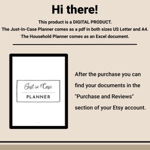 May include: A digital product listing for a printable "Just in Case" planner. The image shows a black and white mockup of the planner with the title "Just in Case Planner" in a box.