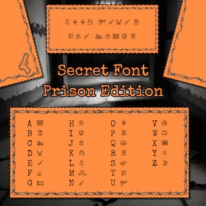 Puede incluir: Un gráfico de alfabeto de fuente secreta con símbolos de temática carcelaria para cada letra. El gráfico está sobre un fondo naranja con un borde de alambre de púas.